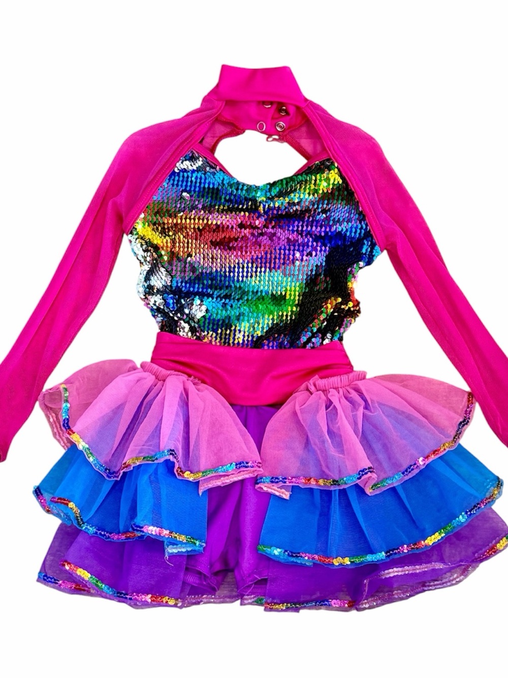 Weissman Jazz Rainbow Sequin Dance Costume Sz SC Hot Pink Childs Reversible